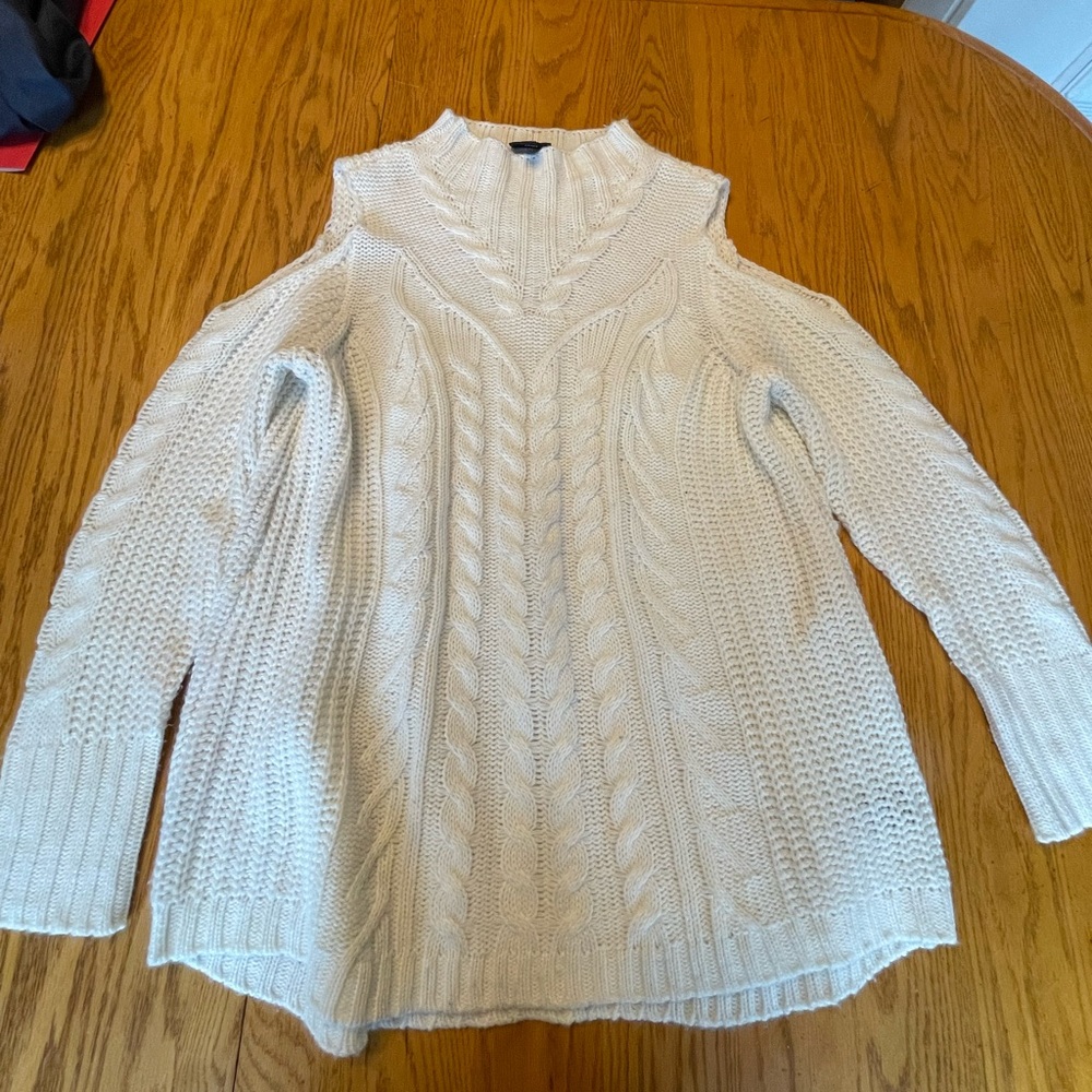 Creamy/white, peek-a-boo shoulder, tunic length sweater